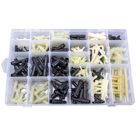 Automotive vacuum connector kit with 159 pieces in 32 sizes.