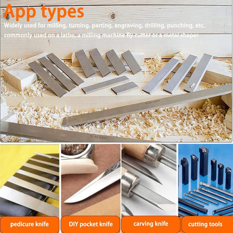 Utoolmart HSS lathe tool bits set; rectangular 6x40x200mm blanks in gray metal arranged on wood shavings