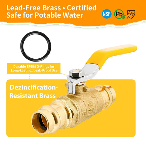 Front view of 1/2-inch brass ball valve with yellow lever and black EPDM O-ring for copper tubing