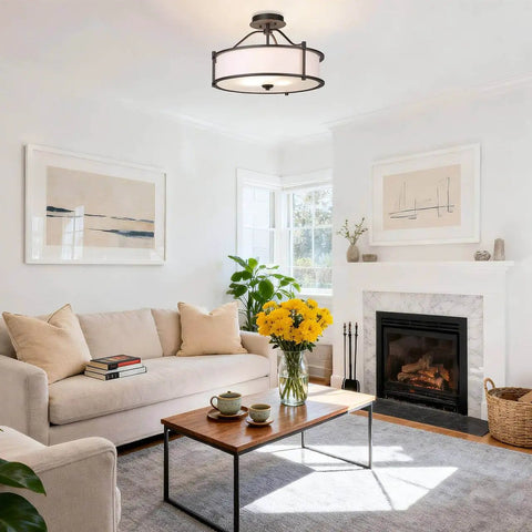 Room with Three Light Drum Shade Semi Flush Mount Ceiling Light In Dark Bronze 18 Inch Close To Ceiling Fixture Above Sofa