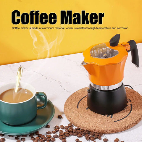 One Cup Stovetop Espresso Pot 150ml 5oz Glass Top Italian Coffee Maker For Italian And Cuban Café Brewing Travel Friendly Compact Design In Orange And Black displayed on a table with coffee beans.