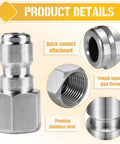 Two stainless steel pressure washer couplers with 1/4- or 3/8-in male quick-connect plugs and female NPT fittings