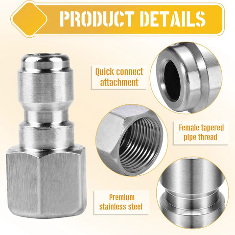 Two stainless steel pressure washer couplers with 1/4- or 3/8-in male quick-connect plugs and female NPT fittings