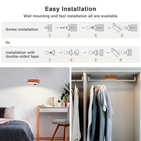 Easy installation guide for Battery Operated LED Wall Sconce With Remote in Black Walnut showing mounting methods in bedroom and closet