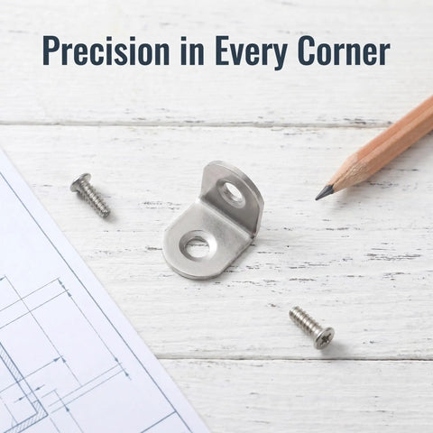 Stainless Steel L Bracket Set With Screws, Heavy Duty 0.79x0.79 Inch Right Angle Corner Joints on wooden table with pencil