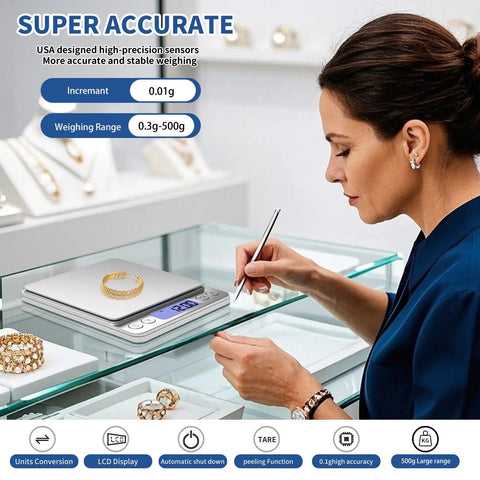 Woman in blue using Ultra Precise Mini Digital Kitchen Scale For Cookin, Jewelry, Baking And Soap Making, 0.01 G And 0.001 OZ Precision, 0.3 G To 500 G Range, 9 Units, Tare Function, Backlit LCD, Includes Battery in jewelry shop.