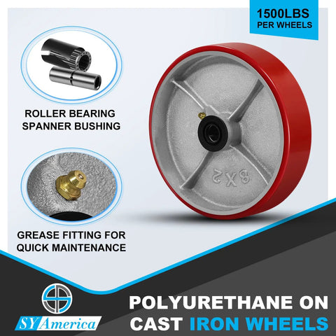 Heavy Duty 8 Inch Diameter By 2 Inch Wide Red Polyurethane Caster Wheels With Roller Bearings, Industrial Grade Load Capacity 6000 Lbs