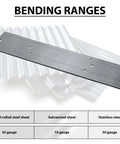 18 Inch Folding Metal Bending Tool for Sheet Metal and HVAC Ductwork over bending chart with steel and sheet gauge options.