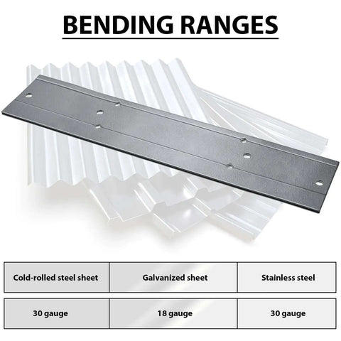 18 Inch Folding Metal Bending Tool for Sheet Metal and HVAC Ductwork over bending chart with steel and sheet gauge options.