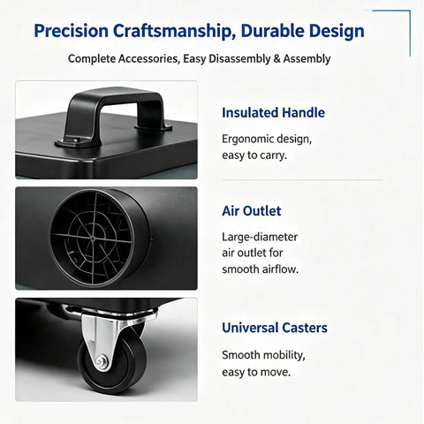 Heavy Lift Dual Station Solder Fume Extractor With Four Stage Air Filtration And Quiet Brushless Motor Built With Two Bendable Gooseneck Ducts For Sharp Laser Etching And Garage Hobby Projects, showing ergonomic handle, air outlet, and mobility casters.