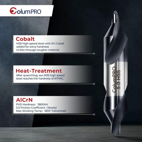 Close-up of a 7 Piece Cobalt Center Drill Bit Set With AlCrN Coating M35 HSS Centering Bits For Stainless Steel Cast Iron Alloy Steel Aluminum In Metric 1.0 1.5 2.0 2.5 3.0 4.0 5.0 Mm Pro Grade Durable Fast Cuts showing features.