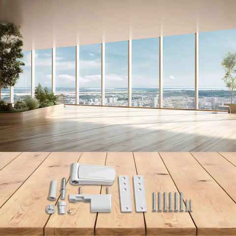 Aluminum 3D Adjustable Door Flag Hinge With Mute Buffer, Silent Close, White Finish set on wooden surface with screws
