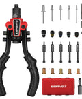 3 In 1 Do It All Rivet Nut Tool Kit For Quick Fixes, Hand Rivet Gun Plus Nut Tool And Reamer, Includes 60 Rivet Nuts, 6 Metric And SAE Mandrels, 2 Reaming Mandrels, And Carrying Case For Easy Field Repairs shown with accessories