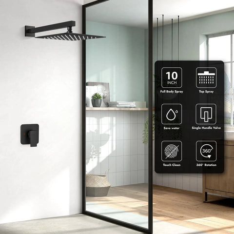 Matte Black Shower Faucet Set With 10 Inch Rainfall Shower Head, Wall Mounted Single Handle Valve System, Stainless Steel Head And Brass Rough-In, Modern Bathroom Upgrade For Superior Flow And Easy Cleaning