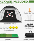 10x7Ft Golf Practice Net With Mat And Target Pockets for backyard use, including balls, stakes, golf tee, and carry bag.
