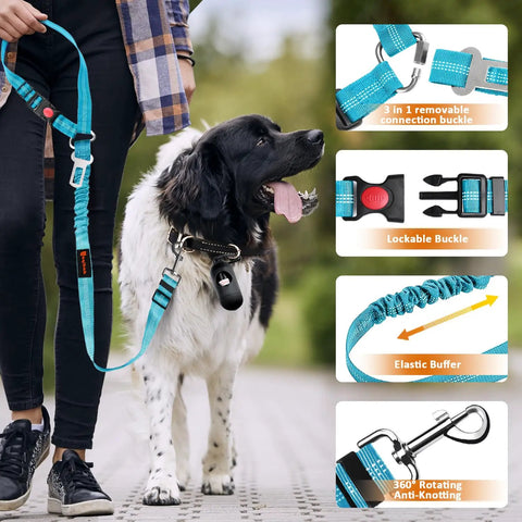 Heavy Duty Dog Seat Belt Harness For Car With Adjustable Reflective Bungee Leash And Headrest Restraint, dog walking on leash outdoors.