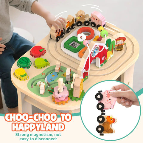 Gotta Have This Solid Wood Montessori Activity Table For One Year Olds Boasting A Cozy Farm Sensory Station with colorful magnetic animals.