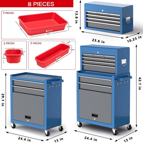 8 Drawer Rolling Tool Chest 42 Inch Heavy Duty Metal Cabinet On Wheels With Detachable Top Box Garage Workshop Storage For Repair Room And Warehouse Includes Hooks Liners Tray Divider And 550 Lb Load Capacity, blue