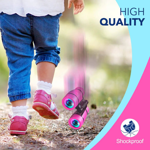 Kids Binoculars For Outdoor Adventures That Are Totally Fun, Great For Bird Watching, Camping, And Hiking, Designed For Ages 4 5 6 7 8, Ideal Gift For Girls And Boys, Lightweight Easy Grip, Real Optics, Durable Toy For Curious Explorers pink binoculars shown with child hiking outdoors