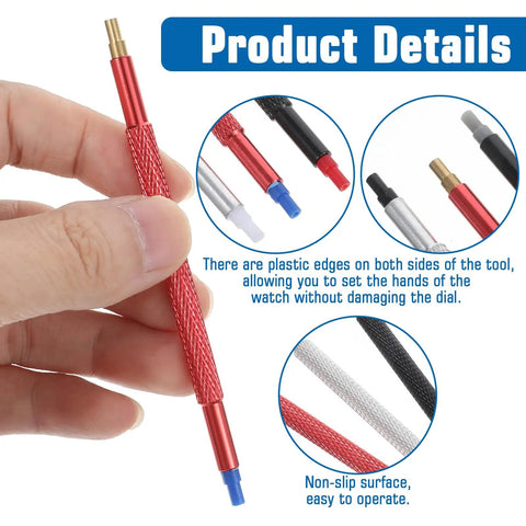 Round Leather Movement Holder with Cushion and Six Piece Watch Hand Tool Kit including red tool with plastic edges