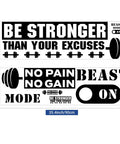 Three Piece Gym Wall Decal Be Stronger Than Your Excuses No Pain No Gain Beast Mode Inspirational Quotes Vinyl Wall Art
