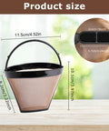 Reusable Gold Tone Cone Coffee Filter Basket For 8 To 12 Cup Makers, Compatible With Ninja And Cuisinart Coffee Makers, Size 4 Replacement Filter, showing dimensions