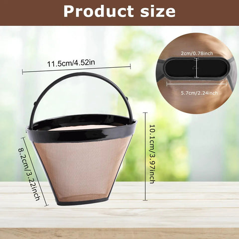 Reusable Gold Tone Cone Coffee Filter Basket For 8 To 12 Cup Makers, Compatible With Ninja And Cuisinart Coffee Makers, Size 4 Replacement Filter, showing dimensions