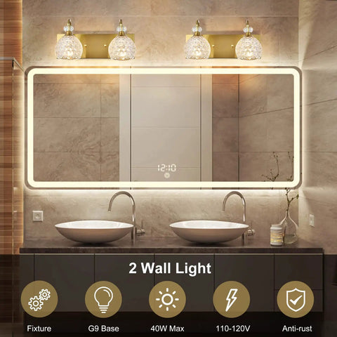 Two Light Brushed Gold Vanity Light Fixtures For Bathroom Over Mirror With Crystal Orb Shades Modern Glam Vanity Lighting Above Sink Premium Crystal Accents 13.8 Inch Long Durable Brass Base