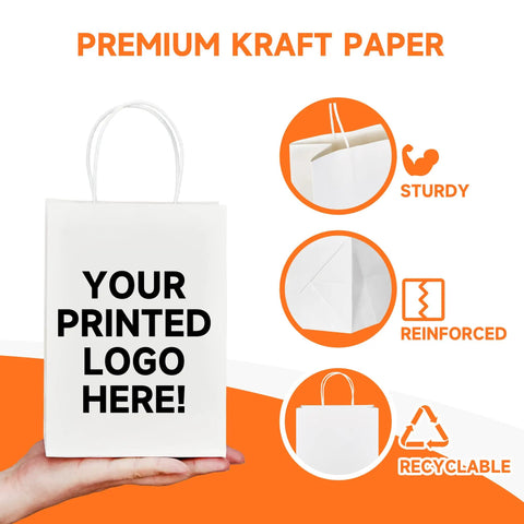 White kraft paper bag with handles for small biz, customizable with logo, shown with premium, sturdy, and recyclable features.