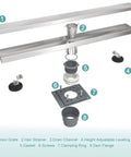 Exploded view of 36 Inch Linear Shower Drain With Flange Hair Catcher For Tiled Inserts In SUS 304 Stainless Steel.