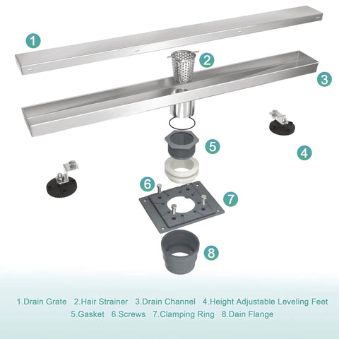 Exploded view of 36 Inch Linear Shower Drain With Flange Hair Catcher For Tiled Inserts In SUS 304 Stainless Steel.