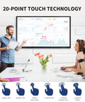 98 Inch 4K Interactive Smart Board Touchscreen Monitor With Android 13 And Native App Support showing 20-point touch tech in use.