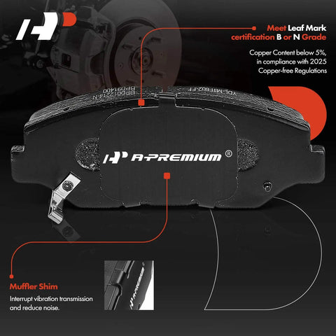 Front vented disc brake rotors and ceramic pads kit for Honda and Acura cars, showing a detailed ceramic pad design with muffler shim.
