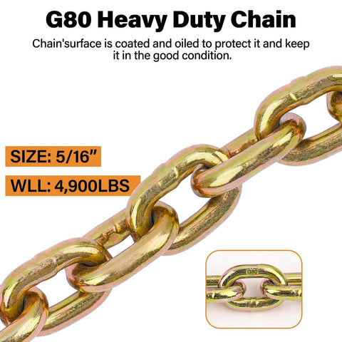 Two Pack G80 Trailer Safety Chain Set 5 Sixteenth Inch By 10 Foot With 5 Sixteenth Inch G80 Grab Hooks 4900 Lbs Working Load Limit