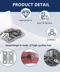 Smooth Swinging Mini Silver Hinges With Rust Resistant Iron Build And Complete Screw Set For Jewelry Boxes Dollhouses Cabinets And No Sweat Craft Room Enhancements in a clear container.