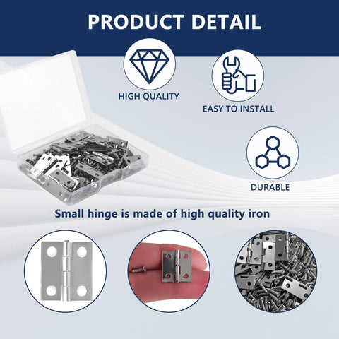 Smooth Swinging Mini Silver Hinges With Rust Resistant Iron Build And Complete Screw Set For Jewelry Boxes Dollhouses Cabinets And No Sweat Craft Room Enhancements in a clear container.