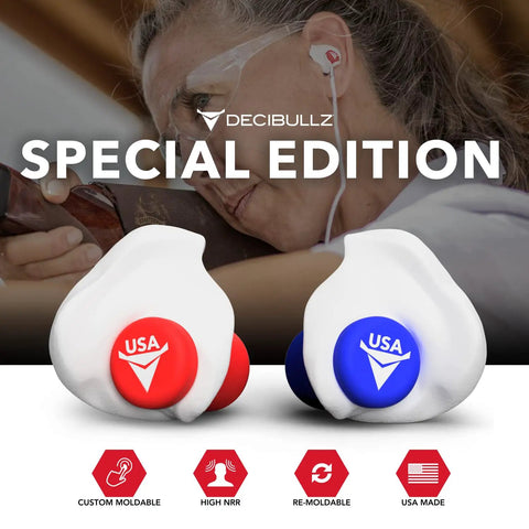 Custom Molded Earplugs USA Edition With 31dB NRR Ultra Comfy Hearing Protection displayed with USA back plugs.