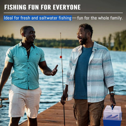 Two men fishing by the lake with a tackle box, promoting All In One 448 Piece Fishing Lures Kit With Large Three Layer Tackle Box Set.
