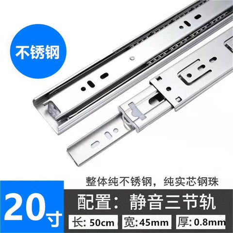 Pro Grade Stainless Steel Drawer Slides Three Section Ball Bearing Track Set Of 2 20 Inch 50 Cm Smooth Sliding close-up view
