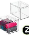 Stackable Closet Storage Bins With Pull Out Drawers Clear Plastic Shoes And Small Item Organizer For Cabinets Desks Shelves And Dressers Lumiere Collection Space Saver 2 Pack, filled with folded clothes