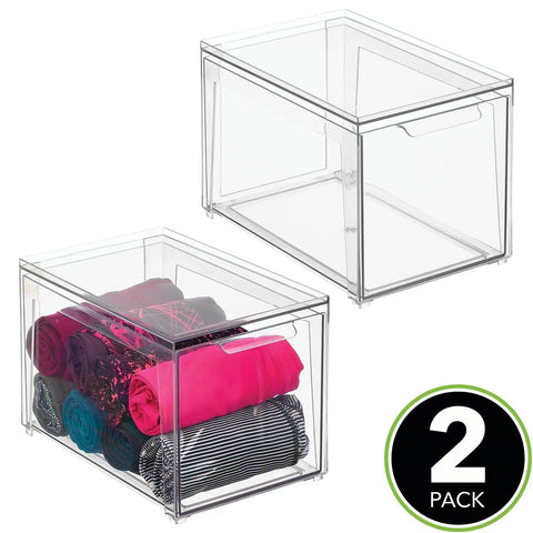 Stackable Closet Storage Bins With Pull Out Drawers Clear Plastic Shoes And Small Item Organizer For Cabinets Desks Shelves And Dressers Lumiere Collection Space Saver 2 Pack, filled with folded clothes