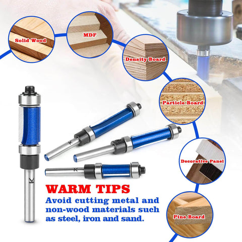 Top And Bottom Bearing Flush Trim Router Bit Set With One Quarter Inch Shank, Carbide Cutter in use on wood materials