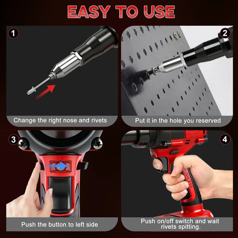 Gpaentsn Cordless Rivet Gun Compatible With Milwaukee M18 Tool Only 1/8 To 3/16 Inches Rivets, showing usage steps for easy operation.