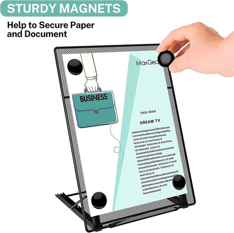 Desktop Document Holder For Typing And Hands Free Reading Foldable Paper Stand With Magnetic Buckles, Metal Mesh, Non-Slip Base