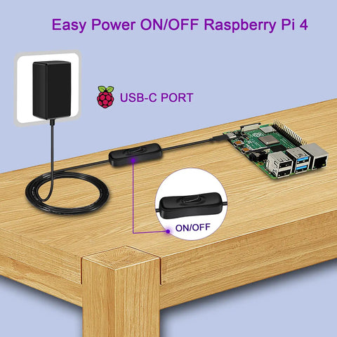 20W USB-C Power Supply for Raspberry Pi 4 With 5V 4A Output, Built In On Off Switch, 5ft Cable shown next to Raspberry Pi