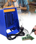 Desktop Soldering Fume Extractor With Heavy Duty Carbon Filter And Hella Powerful Suction For Quick Workshop Smoke Ventilation And Flux Odor Control No Sweat Setup Ever, blue unit removing smoke while soldering.