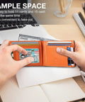 Slim RFID Blocking Leather Wallet For Men Front Pocket Card Holder shown open with cards and cash visible on a desk.