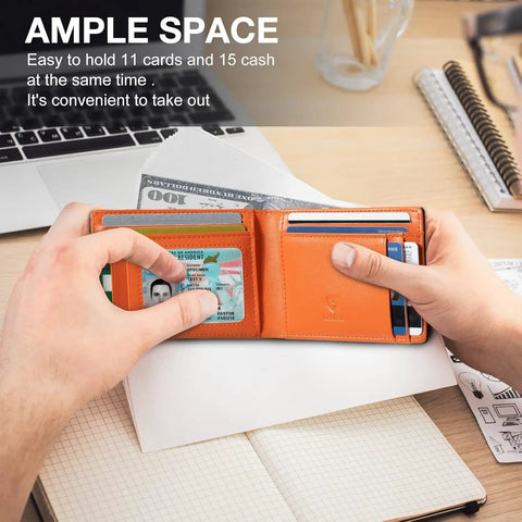 Slim RFID Blocking Leather Wallet For Men Front Pocket Card Holder shown open with cards and cash visible on a desk.