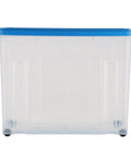 Heavy Duty Rolling Storage Bin With Secure Lid And Smooth Ride Wheels, Solid Plastic Organizer Tote For Home Or Garage, Hella Durable 80 Liter Mobile Container In Assorted Colors - Clear plastic box with blue lid.