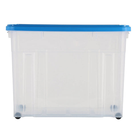 Heavy Duty Rolling Storage Bin With Secure Lid And Smooth Ride Wheels, Solid Plastic Organizer Tote For Home Or Garage, Hella Durable 80 Liter Mobile Container In Assorted Colors - Clear plastic box with blue lid.